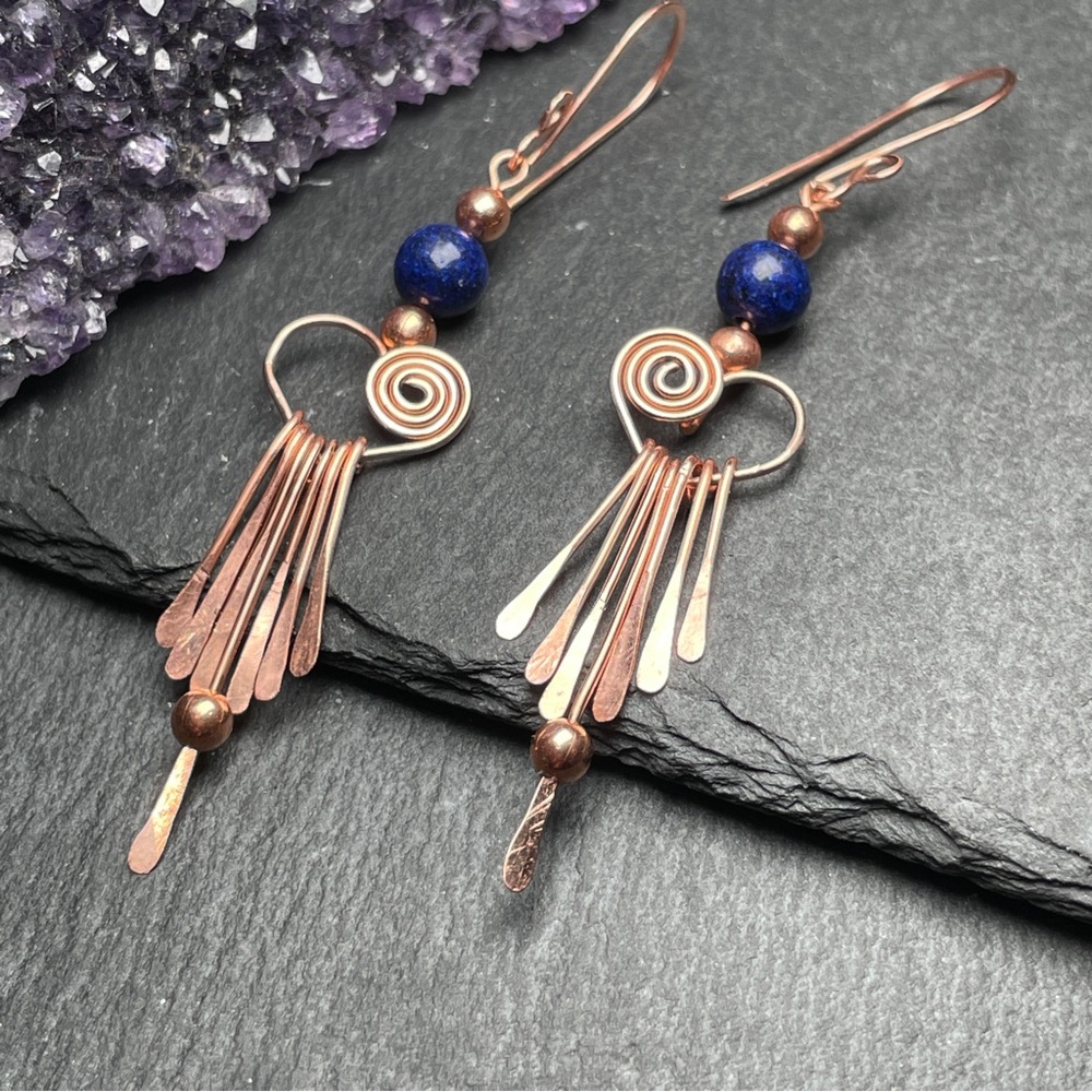 Genuine Blue Lapiz Lazuli Beaded Fringe Copper Earrings Artisan Designed